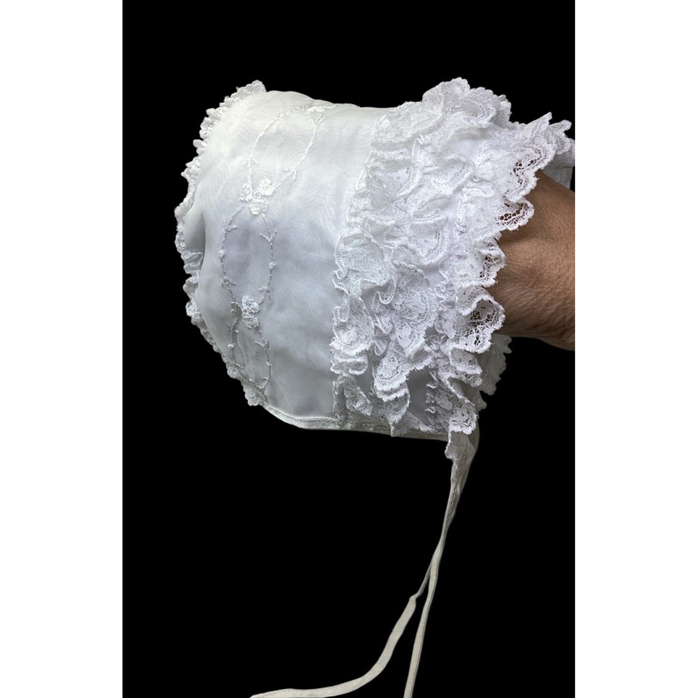 Vintage Baby Bonnet 6-12 Months White Ruffle Tie Lace Trim USA
